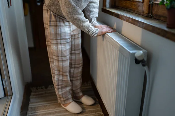 Closeup Woman Warming Her Hands Heater Home Cold Winter Days — Stock Photo, Image