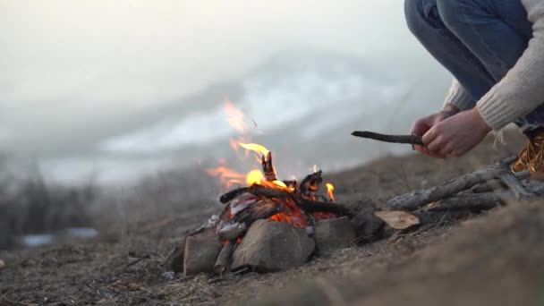 Man Brings Dry Twigs Bonfire Keep Flame Burning Long Halt — 비디오