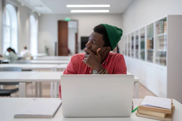 Procrastination Concept Thoughtful Black Student Man Looking Away While Studying — Stock Photo, Image