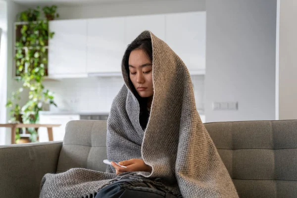 Upset Unhealthy Asian Chinese Young Woman Sitting Wool Blanket Couch — Photo