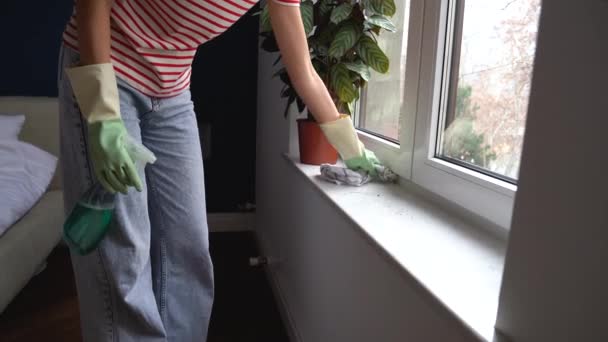 Rutynowa Praca Domowa Sprzątaczka Sprzątająca Parapety Przy Użyciu Bawełnianej Szmaty — Wideo stockowe