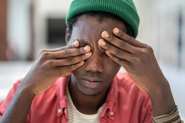 Stressed African American Man Suffering Headache Chronic Tired Workplace Exhausted — Stock Photo, Image