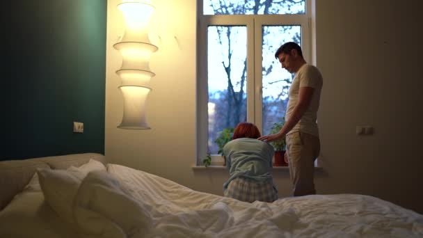 Young Loving Man Husband Apologizing Wife Argument Comforting Embracing Her — Stock Video