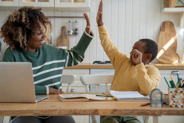 Homeschooling Freelancing Happy African American Child Son Giving High Five — Stock Photo, Image