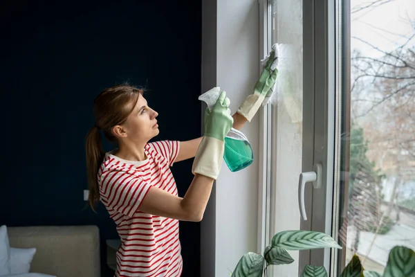 フォーカスガールクリーナーメイドはホテルの部屋でガラスを洗う 主婦は家を整頓している ゴム手袋の女性は慎重にクリーニングスプレーと紙タオルを使用してウィンドウをワイプします 家事清掃サービス — ストック写真