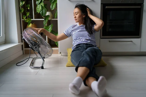 Contented Chinese Asian Woman Cooling Herself Heat Enjoying Pleasant Breathe — Stock Photo, Image