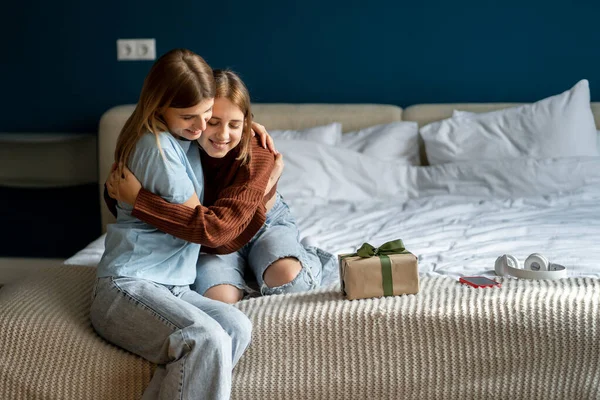 Happy Teenage Girl Gently Hugs Beloved Caring Kind Mother Thanks — Stock Photo, Image