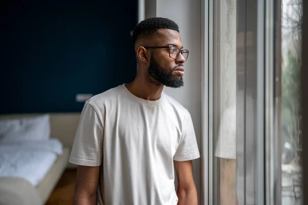 Sad Black Man Looking Out Window Thinking Life Problems Lonely — Stock Photo, Image