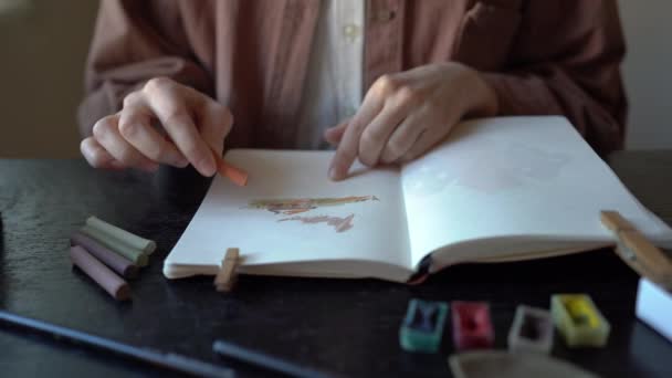 Primer Plano Pintura Artista Femenina Con Pasteles Suaves Cuaderno Bocetos — Vídeos de Stock