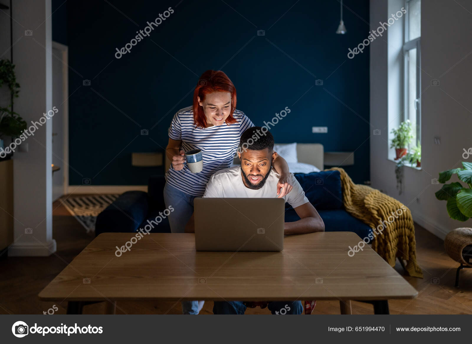 Smiling Loving Woman Wife Standing Husband Working Laptop Supporting Spouse Stock Photo by ©Dimaberlin 651994470 image