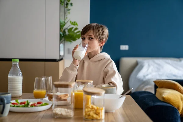 Nöjd Pojke Dricker Glas Mjölk Vid Köksbordet Friska Frukost Hemma — Stockfoto