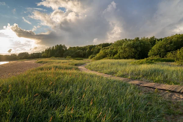Letni Krajobraz Wiejski Zielonym Polem Ścieżką Jeziorem Zachodzie Słońca Naturalne — Zdjęcie stockowe