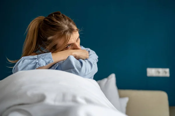 Unhappy Woman Having Depressive Mood Sitting Bed Looking Aside Feeling — Stock Photo, Image
