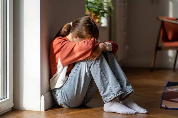 Depression Teens Upset Teenage Girl Sitting Alone Floor Crying Feeling — Stock Photo, Image