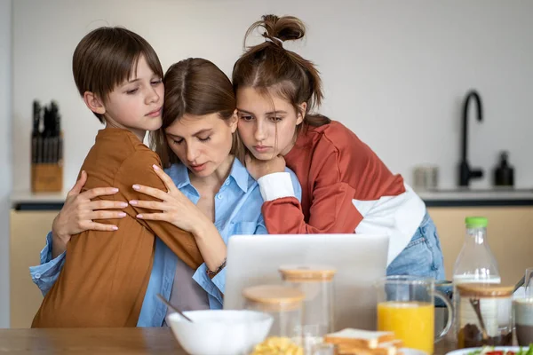 Portrait Sad Mother Hugging Kids Son Daughter While Sitting Front — Stock Photo, Image