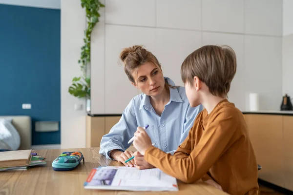 Private Lesson Young Woman Teacher Tutor Listening Little Boy Pupil — Stock Photo, Image