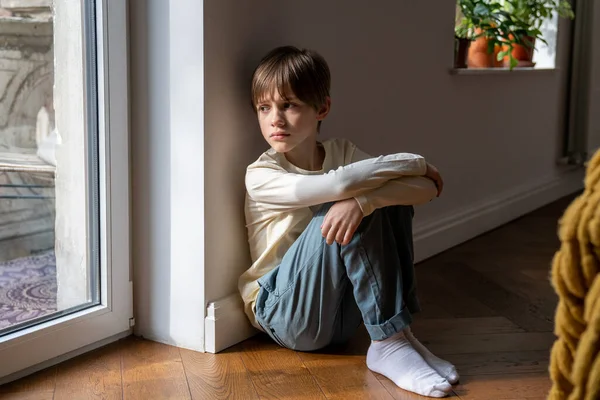 Kid Psychological Trauma Lonely Child Boy Sadly Look Window Hug — Stock Photo, Image