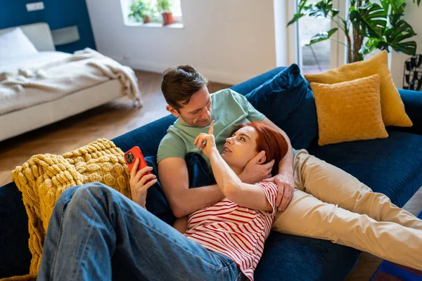 Happy Couple Spend Time Together Home Girl Touches Boyfriend Nose — Stock Photo, Image