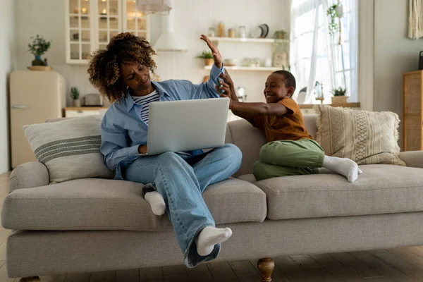 Small Child Disturbing Work Home Mom Displeased Young African American — Stock Photo, Image
