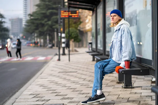 Young Blond Guy Student Waiting Transport Very Long Time Morning — Stock Photo, Image