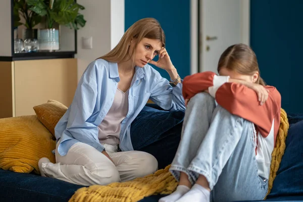 Adopted Teenage Girl Sits Covering Face Hugging Knees Problems Children — Stock Photo, Image