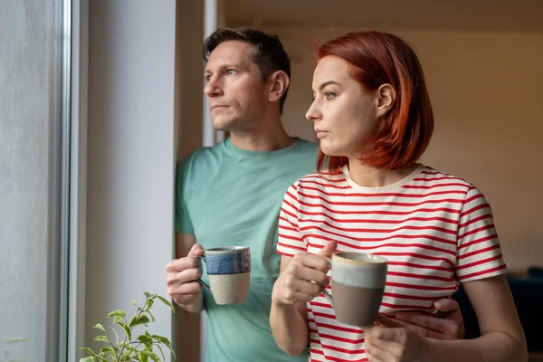Upset Girl Man Hold Cup Coffee Look Out Window Sad — Stock Photo, Image