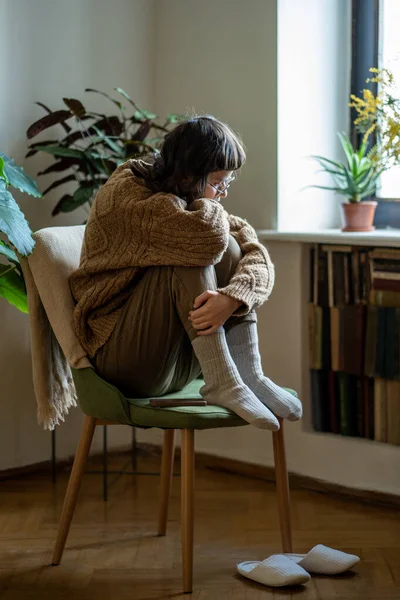 Depression Teens Lonely Depressed Teen Girl Hugging Knees Sitting Alone — Stock Photo, Image