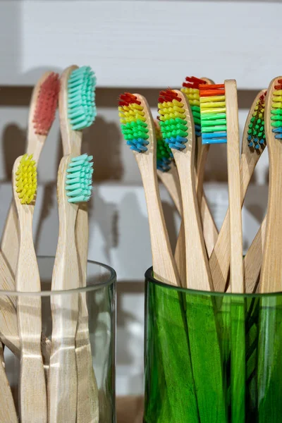 Eco Friendly Bamboo Toothbrushes Recycled Plastic Bristles Different Color Glass — Stock Photo, Image