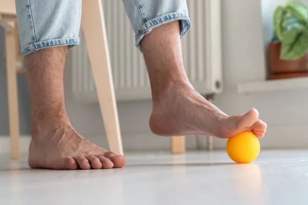 Man Using Ball Relieve Symptoms Arthritis Foot Close Person Sitting — Stock Photo, Image