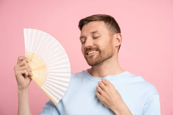 Relaxed Smiling Middle Aged Man Using Paper Fan Summer Hot — Stock Photo, Image