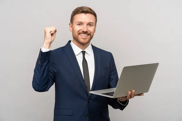 Happy Business Man Holding Laptop Hands Looking Camera Victory Expression — Stock Photo, Image