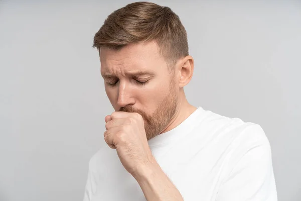 Sick Man Coughs Due Illness Studio Wall Unhealthy Male White — Stock Photo, Image
