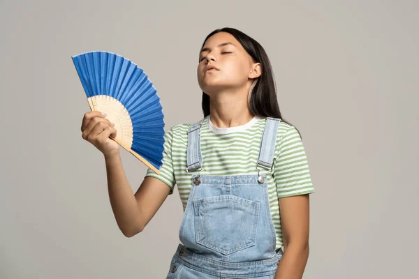 Overheated Teenage Girl Holding Bright Fan Her Hand Tired Teenager — Stock Photo, Image