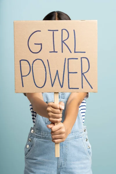 Protester Woman Holding Recycled Cardboard Girl Power Slogan Unrecognizable Teenage — Stock Photo, Image