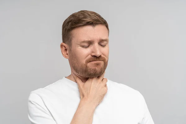 Unhappy Male Patient Severe Sore Throat Sick Upset Man Clutching — Stock Photo, Image