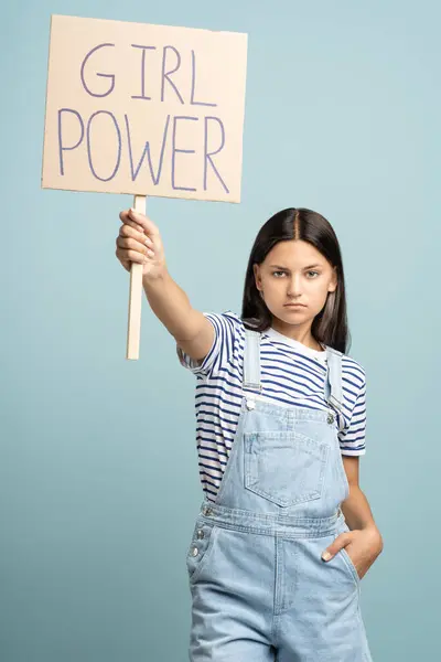 Genç Kız Sancaktar Kız Gücüne Sahip Grev Kadın Hakları Için — Stok fotoğraf