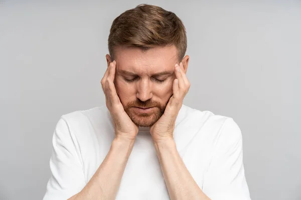 Irritated Exhausted Man Eyes Closed Presses Fingers Temples Headache Failure — Stock Photo, Image
