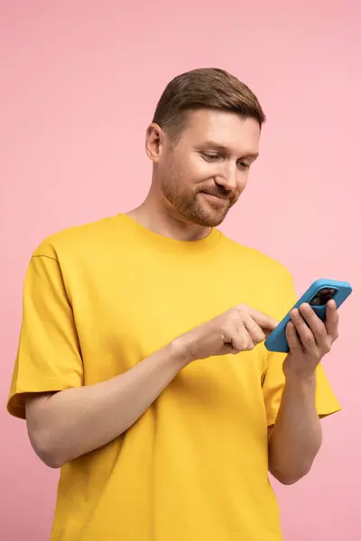 Smiling Man Looking Smartphone Screen Browsing Internet Chatting Friends Isolated — Stock Photo, Image