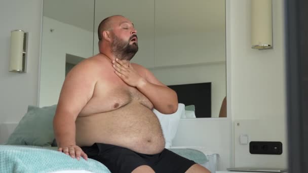 Fat Guy Suffers Summer Heat Chubby Man Breathes Heavily Sweating — Stock Video