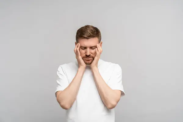 Man Holds Sore Head Temples Pain Head Excruciating Migraine Headache — Stock Photo, Image