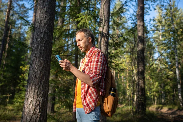 緑の夏の森の男ハイカーは 電話ナビゲーションマップでルートを見つける スマートフォン画面を見ている男の旅行者バックパッカー探検家 観光旅行ハイキング旅行アウトドアアクティビティコンセプト — ストック写真