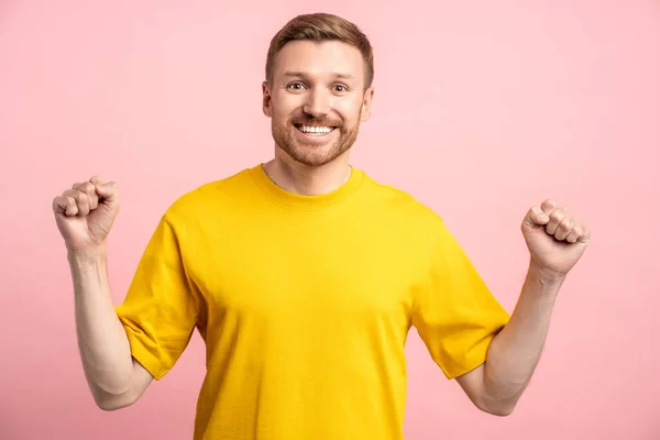 Widely Smiling Glad Excited Man Clenching Fists Great Happiness Having — Stock Photo, Image