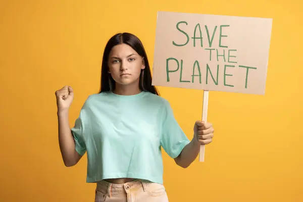 Serious Confident Brunette Teen Girl Eco Activist Showing Holding Planet — Stock Photo, Image