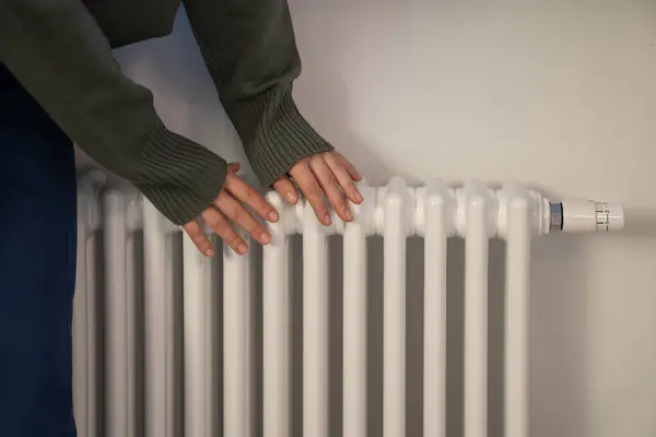 Woman Warming Hands Radiator Home Walking Cold Winter Weather Female — Stock Photo, Image