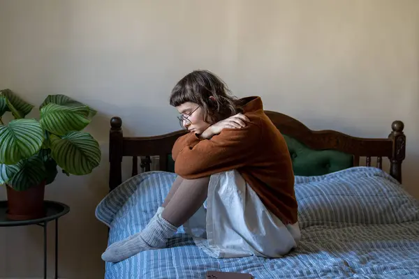 Apathetical Unemotional Introverted Teenager Sitting Bed Embracing Knees Alone Home — Stock Photo, Image