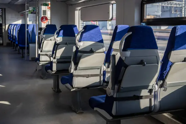 Interior Modern Passenger High Speed Express Train Row Empty Blue — Fotografia de Stock