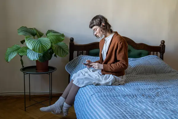 Apathetical Teenager Spending Time Alone Home Unhappy Girl Scrolling Information — Stock Photo, Image