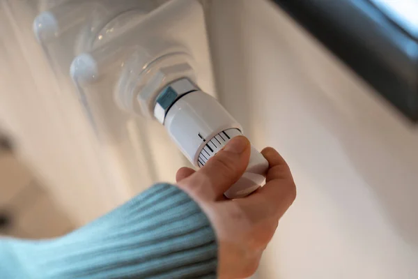 Hand Adjusting Heater Knob Regulating Temperature Home Winter Heating Season — Stock Photo, Image