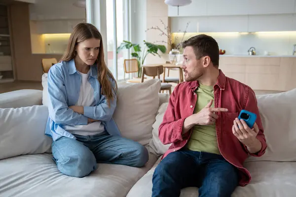 Jealous Husband Demands Password Wifes Phone Sitting Couch Home Family — Stock Photo, Image