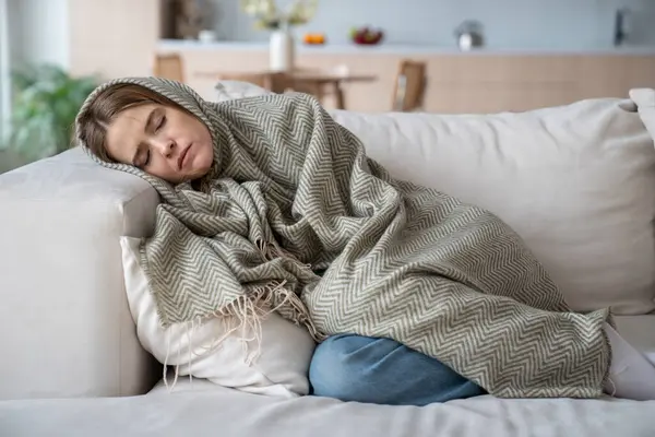 Exhausted Ill Woman Sleeping Sofa Wrapped Plaid Taking Medicine Painkillers — Stock Photo, Image